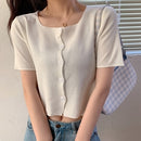 Summer Short-Sleeved T-Shirt Women Low Round Neck Ice Silk Knit Thin Cardigan, Size: Free Size(White)