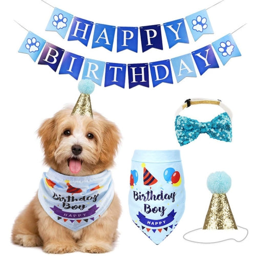 Pet Birthday Party Dog Pull Flag Triangle Scarf Cake Hat Holiday Dress Up Set, Size: One Size(Blue Suit)