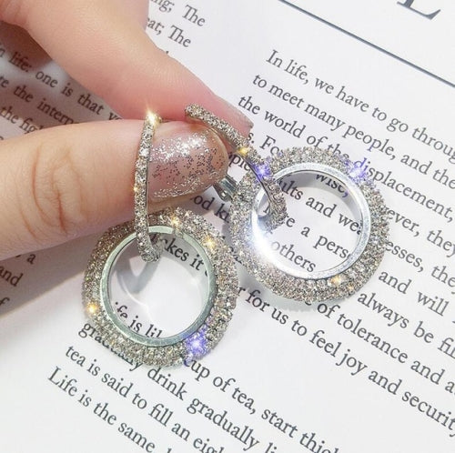 Rhinestone Crystal Earrings Round Earrings for Woman(Silver)