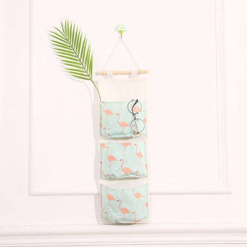Cotton Linen Hanging Storage Bag 3 Pockets Wall Mounted Wardrobe Hang Bag Wall Pouch Cosmetic Toys Organizer(Green flamingo)
