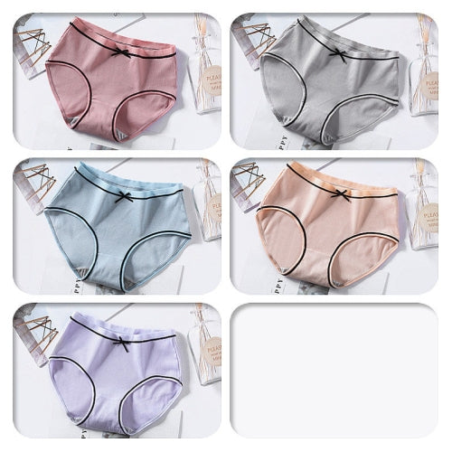 5 PCS / Set Women Underwear Students Girl Bowknot Mid-Waist Sexy Cute Pants, Size: XXL(Bean+Gray+Blue+Skin+Purple)