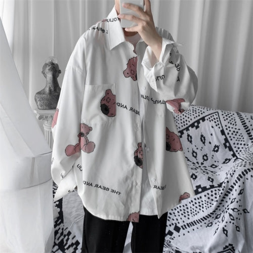 Loose Print Lapel Long Sleeve Shirt, Size: M(White)