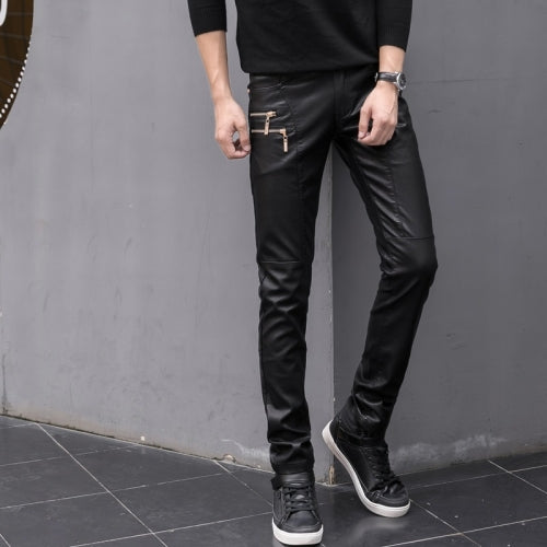 Men Autumn And Winter Leather Pants Boots Pants Slim Leather Pants, Size: 28(Black)