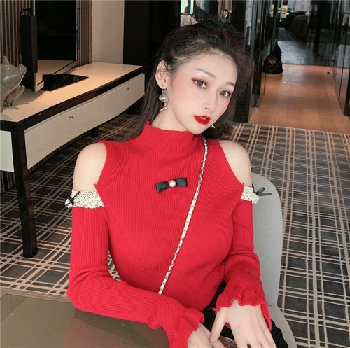 Long Sleeve Strapless Mid-Neck Bow Knit Sweater, Size: Free Size(Red)