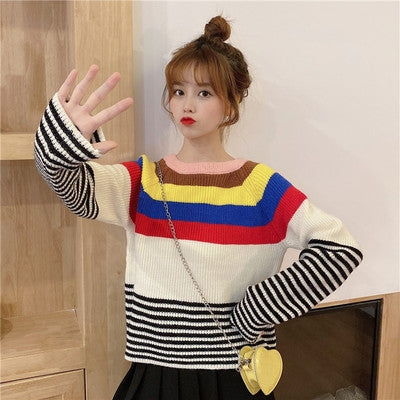 Loose Contrast Stripes Lazy Long-Sleeved Knitted Pullover Sweater, Size: Free Size(White)