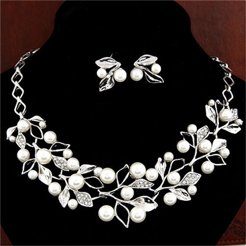 Leaf Crystal Simulated Pearl Wedding Jewelry Necklaces Earrings Sets(Silver)