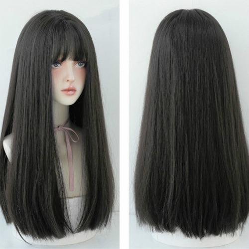 Female Black Long Straight Wig With Air Bangs(Black Brown (Solid Color) 58CM)