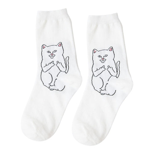 Middle Finger Cat Men and Women Hip Hop Street Wind Skateboard Tube Cotton Socks(Cat White)