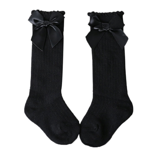 Kids Socks Toddlers Girls Big Bow Knee High Long Soft Cotton Lace baby Socks, Size:M(Black )