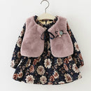 Winter Girls Flower Print Pattern Dress + Fleece Vest Set, Size:80cm(Gray)