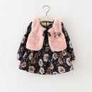 Winter Girls Flower Print Pattern Dress + Fleece Vest Set, Size:100cm(Pink)
