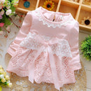 Spring and Autumn Sweet Round Neck Lace Long Sleeve Dress Cutout Small Flower Bow Dress, Size:L(Pink)