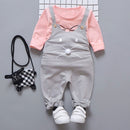 Girls Cartoon Mouse Pattern Bib + Long Sleeve T-Shirt Set, Size:90cm(Gray)