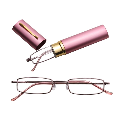 Reading Glasses Metal Spring Foot Portable Presbyopic Glasses with Tube Case +1.50D(Pink )
