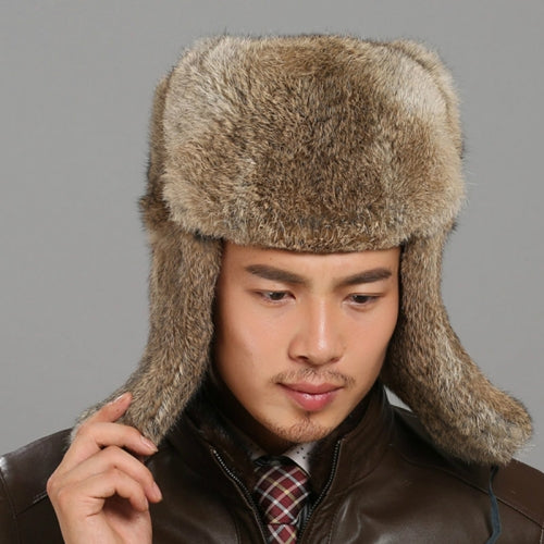 Brown Autumn and Winter Thick Warm Rabbit Fur Bomber Hat Flight Hat for Men, Hat Size:XXL