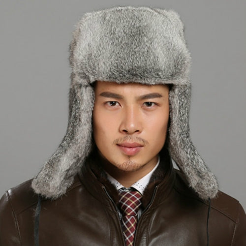 Gray Autumn and Winter Thick Warm Rabbit Fur Bomber Hat Flight Hat for Men, Hat Size:XXXL