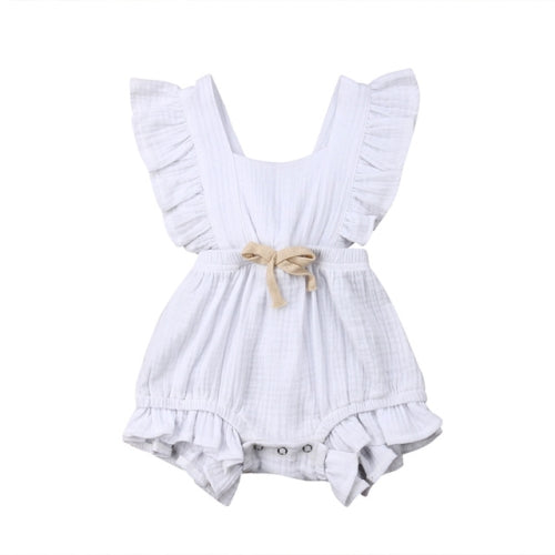 Baby Solid Color Sleeveless Ruffled Jumpsuit Back Strap Romper, Size:100cm(White)