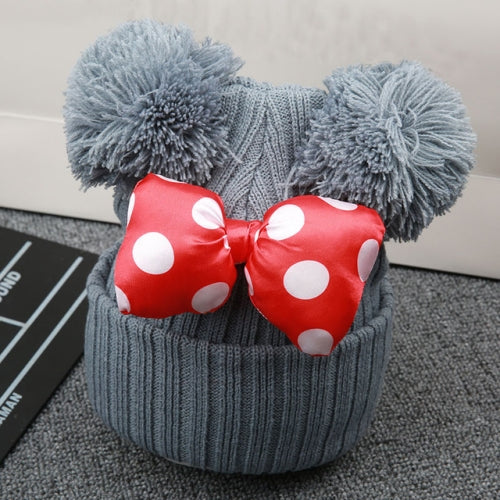 Cute Mickey Bow Children Korean Style Earmuffs Wool Hat Baby Autumn and Winter Knitted Warm Cuffed Hooded Cap gray