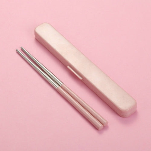 304 Stainless Steel Chopsticks + Wheat Straw Boxed Set Portable Takeaway Travel Tableware, Style:Clamshell(Pink)