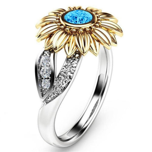 Fashion Female Cute Sunflower Crystal Rings for Women, Ring Size:7(Sea blue)