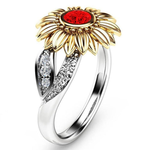 Fashion Female Cute Sunflower Crystal Rings for Women, Ring Size:8(Red)