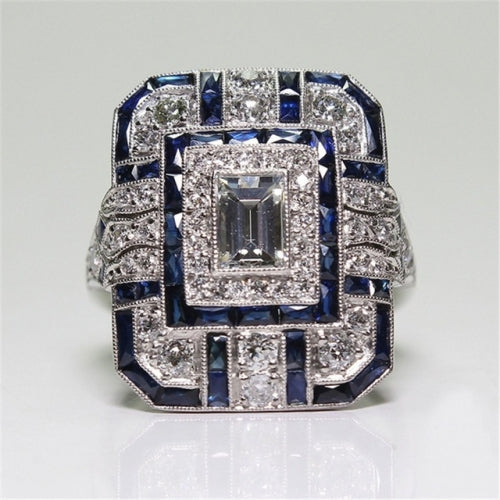 Luxury Square Women Crystal Zircon Engagement Ring, Ring Size:9(Blue)