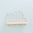 Wrought Iron Grid Cloud Shaped Wall Mounted Shelf Wood Board Home Decoration Hook Rack(White)