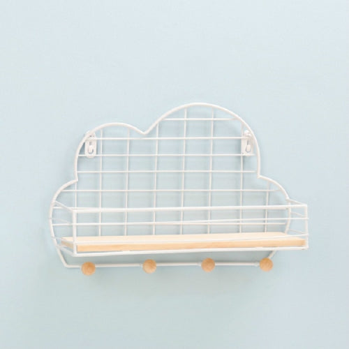 Wrought Iron Grid Cloud Shaped Wall Mounted Shelf Wood Board Home Decoration Hook Rack(White)