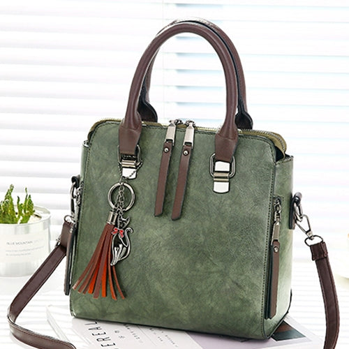Vintage PU Leather Ladies HandBags Women Messenger Bags Totes Tassel Designer Crossbody Shoulder Bag Boston Hand Bags(Army Green)