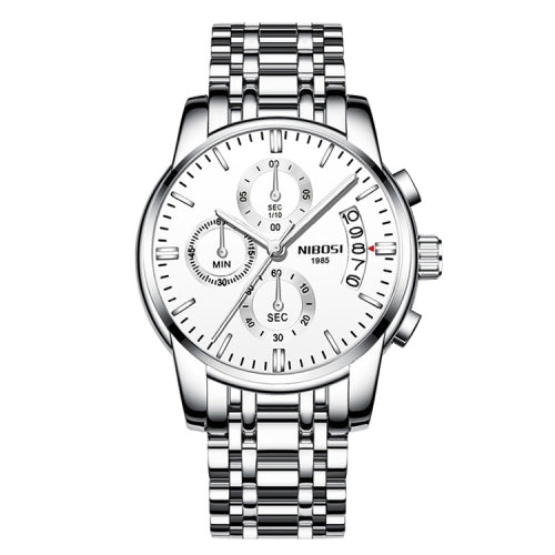 NIBOSI 2353 Three-eye Six-needle Timing Sports Quartz Watch for Men(Silver White Steel)
