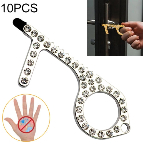 10 PCS Zinc Alloy Diamond-Studded Non-Contact Door Openner Safety Protection Door Hook Press Elevator Button Tool(White K White Diamond)