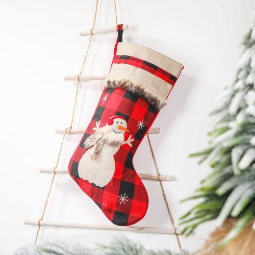 Christmas Decorations Christmas Socks Linen Red Black Plaid Christmas Socks Gift Bag(Snowman)