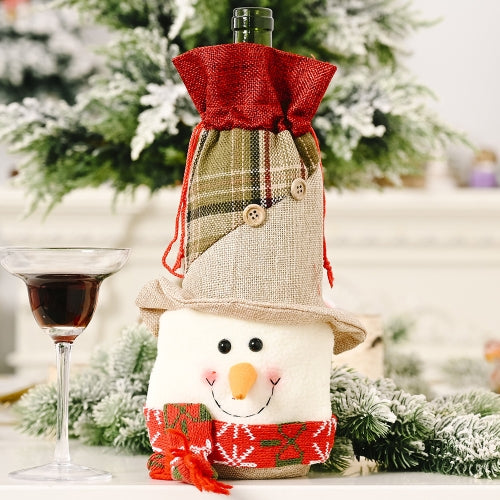 3 PCS Christmas Decorations Linen Buttons Plaid Wine Bottle Cover Cartoon Wine Bottle Bag Wine Cover(Snowman)