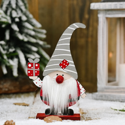 4 PCS Christmas Decorations Wooden Forest Standing Old Man Desktop Ornaments(Grey Hat)