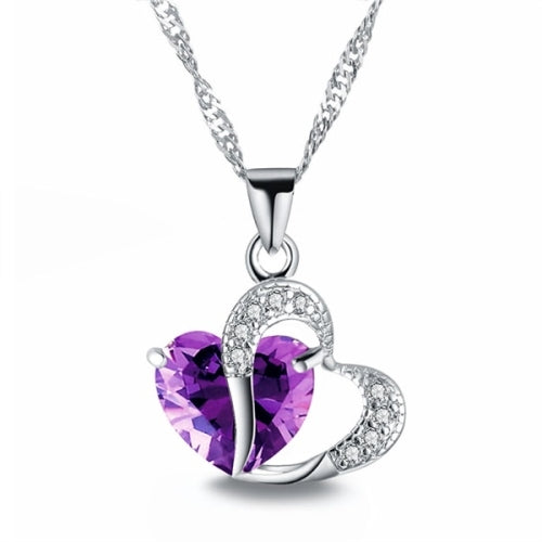 Heart Shaped Zircon Crystal Necklace Sweater Clavicle Chain(Purple)