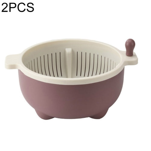 2 PCS Fruit Basket Double-Layer Dense Hole Drain Plastic Basket Household Hand-Operated Vegetable Washing Basket(Pink Purple)