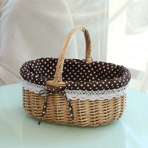 Hand-woven Picnic Basket Sackcloth Rattan Storage Basket, Specification:Large(Primary Coffee White Dot Cloth)