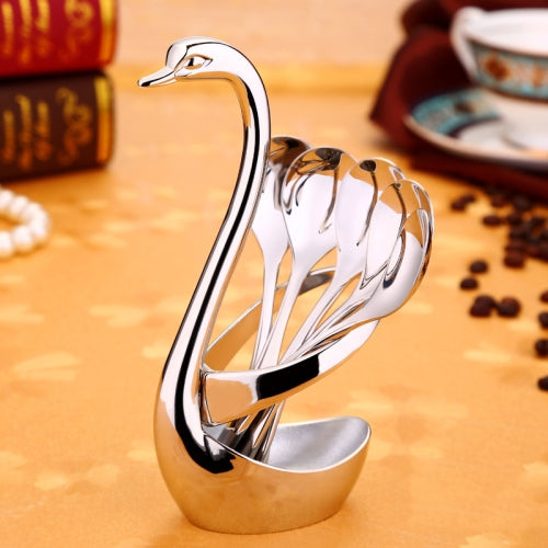 Stainless Steel Gift Tableware Fruit Fork Coffee Spoon Set Zinc Alloy Dessert Fork Spoon Swan Rack, Style:White Golden Swan + 5 Coffee Spoons
