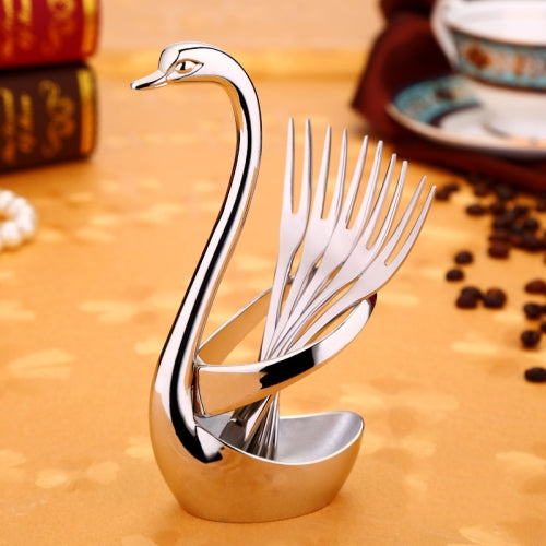 Stainless Steel Gift Tableware Fruit Fork Coffee Spoon Set Zinc Alloy Dessert Fork Spoon Swan Rack, Style:White Golden Swan + 5 Fruit Forks
