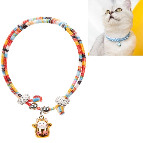 4 PCS Adjustable Pet Bell Color Cotton Woven Cat and Dog Universal Collar, Colour: Colorful Rope Gold Lucky Cat