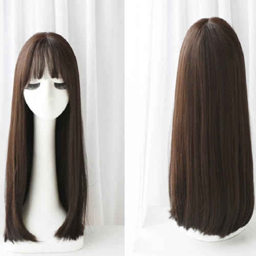 Realistic Long Straight Hair Wig Synthetic Fiber Headgear For Women, Style:Long Brown Black 67CM
