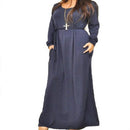 Loose Strap Long Sleeve Round Neck Long Dress, Size:L(Navy Blue)