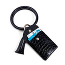 Coin Purse Bracelet Keychain PU Tassel Leather Crocodile Pattern Card Bag(Black )