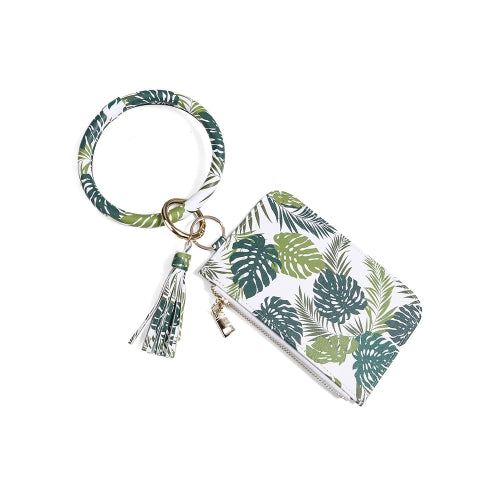 PU Wrist Keychain Card Bag Leather Bracelet Coin Purse Pendant(Leaves)