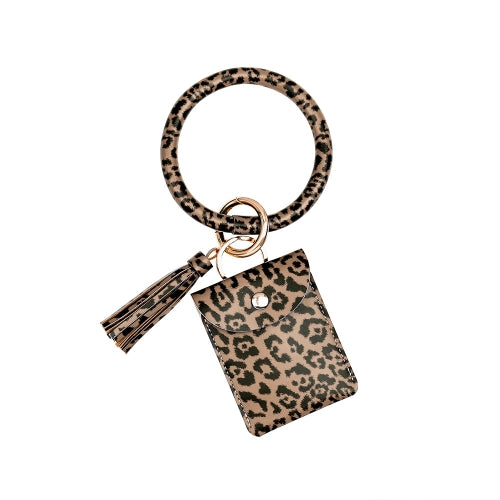 Bracelet Keychain Coin Purse Leopard Print PU Leather Tassel Coin Purse Card Case(Coffee )