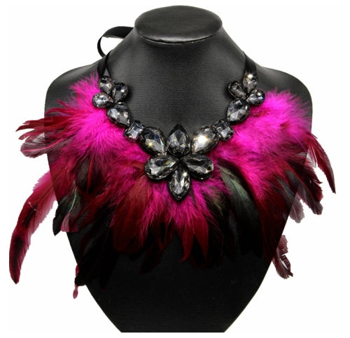 Women Diamond Wedding Feather Necklace Clavicle Chain(Rose Red)