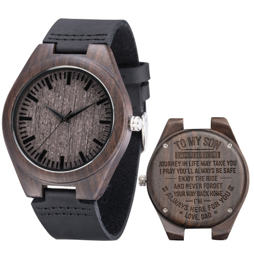 MU-1006 Engraved Letters Wooden Watch Leather Belt Quartz Movement Watch(Dad to Son)