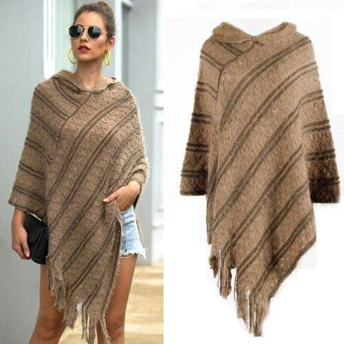 Autumn & Winter Women Hooded Shawl Fringed Cloak Striped Sweater, Size: Free Size(Khaki)