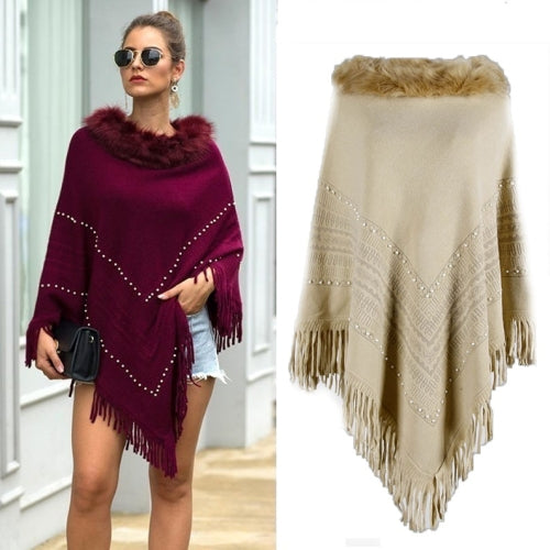 Autumn & Winter Fringed Shawl Cloak Fur Collar Beaded Ladies Sweater, Size: Free Size(Light Khaki)
