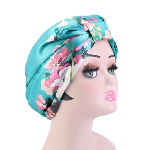 3 PCS TJM-470 Satin Printed Double-Layer Turban Cap Silk Night Cap Hair Care Cap Chemotherapy Hat, Size: One Size(Green Flower)